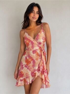 ✨Miami Palm Leaf Print Strappy Wrap Sundress Size L